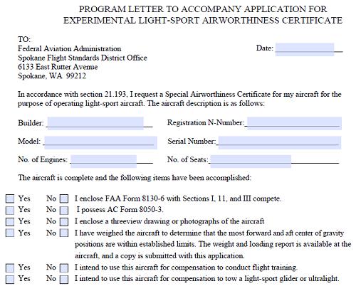 Program Letter to Accompany Application for Experimental Light-Sport Airworthiness Certificate