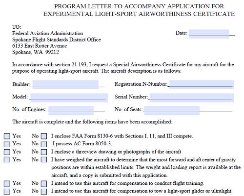 Program Letter to Accompany Application for Experimental Light-Sport Airworthiness Certificate Program Letter to Accompany Application for Experimental Light-Sport Airworthiness Certificate